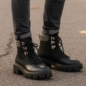 NWT ONLY Women's Betty Black Faux Leather Lace Up Combat Chunky Ankle Boots 37